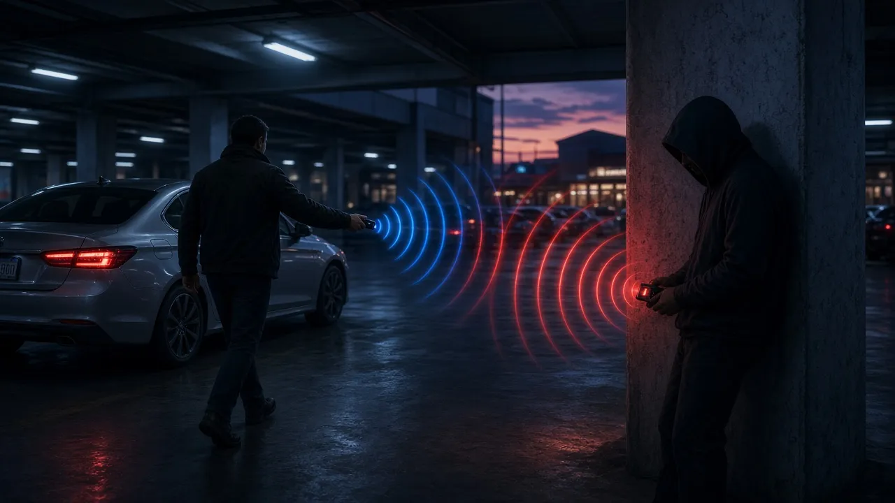 A thief with a jammer next to a parked car at night