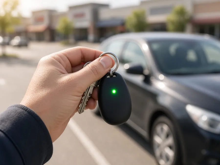 JamGuard keychain glowing green next to car keys
